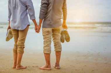 Gün batımında sahilde el ele tutuşan yaşlı çift emeklilik konseptinde hayat sigortası yapmayı planlıyor..