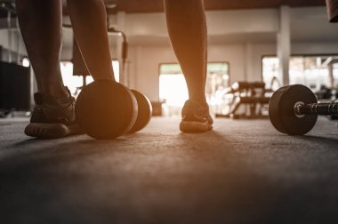 Spor salonunda halter ağırlığıyla egzersiz yapan bir vücut geliştiricinin arka görünüşü. Dambılla egzersiz yapan bir erkek vücut geliştirici. Vücut Kas Sporları