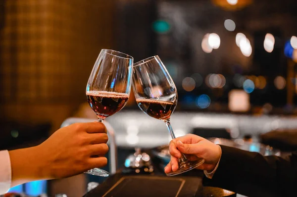 Two Bartender Enjoying Cheers Glass Wine Wine Tasting Event Restaurant — Stock Photo, Image