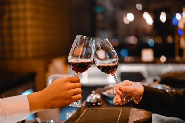 Two Bartender Enjoying Cheers Glass Wine Wine Tasting Event Restaurant — Stock Photo, Image