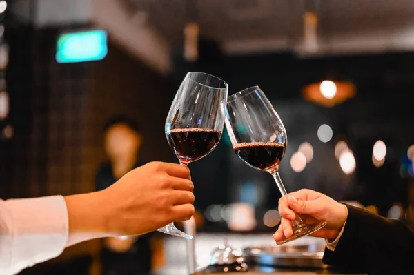 Two Bartender Enjoying Cheers Glass Wine Wine Tasting Event Restaurant — Stock Photo, Image