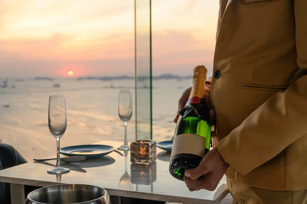 Waiter Uniform Holding Bottle Green Wine Prepared Pour Glass Restaurant — Stock Photo, Image