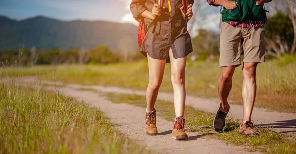 Young Couple Asian Wide Field Walking Foot Explore Forest Holiday — Stock Photo, Image