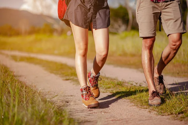 Young Couple Asian Wide Field Walking Foot Explore Forest Holiday — Stock Photo, Image