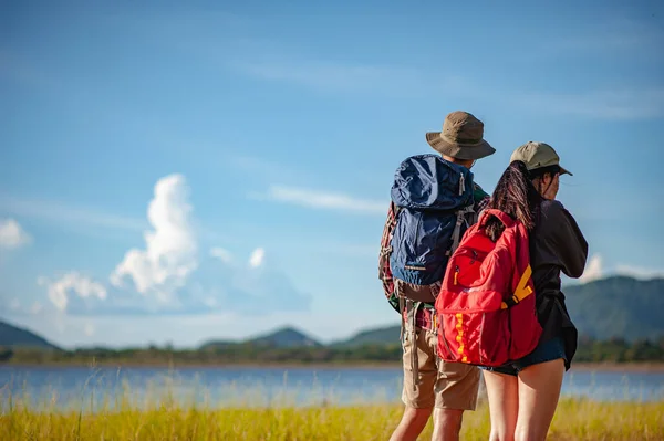 Young Couple Asian Wide Field Walking Foot Explore Forest Holiday — Stock Photo, Image