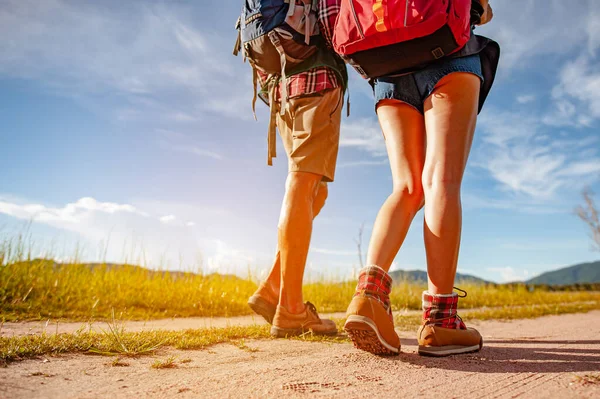 Young Couple Asian Wide Field Walking Foot Explore Forest Holiday — Stock Photo, Image