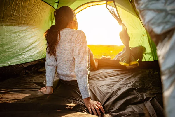 Woman Asian Who Just Woke Tent Watching Sunrise Morning Holiday — Stock Photo, Image