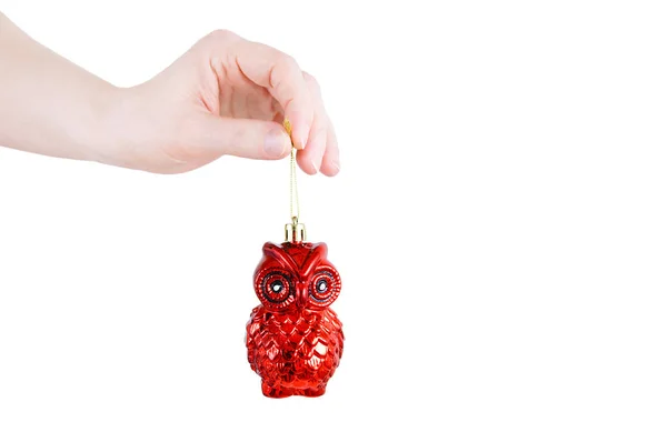 Gros Plan Caucasien Fille Main Tient Hibou Rouge Décoration Noël — Photo