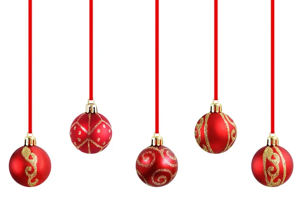 Christmas Red Balls Golden Sparkles Hanging Ribbon Christmas Tree Close — Stock Photo, Image