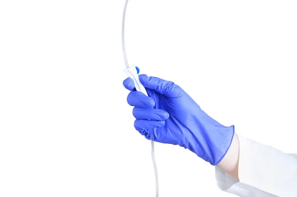 Plastic Clamp Infusion System Hands Nurse White Isolate Close — Stock Photo, Image