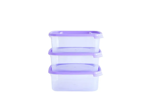 Три Прозрачных Пищевых Контейнера Фиолетовой Крышкой Белая Изоляция — стоковое фото