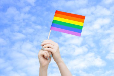 Flag Lgtb beyaz bir kadının ellerinde Bulutlu gökyüzüne karşı.