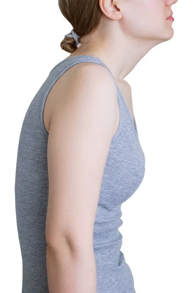 Curvatura Postura Mulher Caucasiana Num Top Cinzento Isolado Branco — Fotografia de Stock