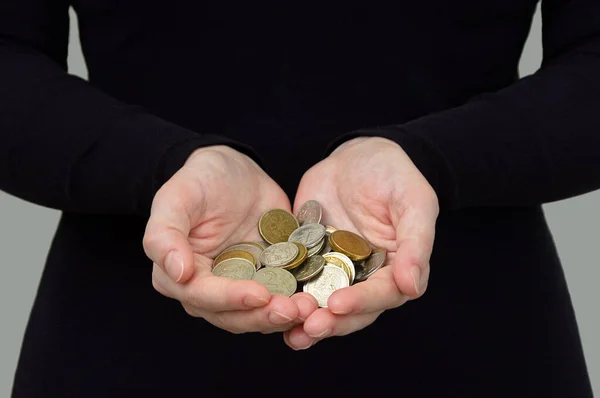Handful Small Metal Coins Palms Caucasian Woman Black Clothes — Stock Photo, Image