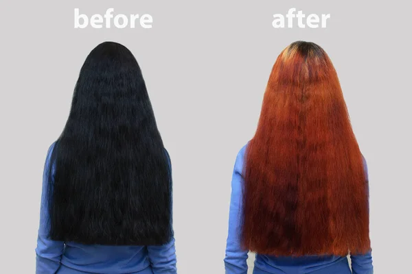 Mencerahkan Warna Rambut Wanita Dengan Rambut Panjang Hitam Dan Merah — Stok Foto