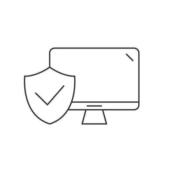 Ordenador de sobremesa protegido icono lineal sobre fondo blanco — Vector de stock