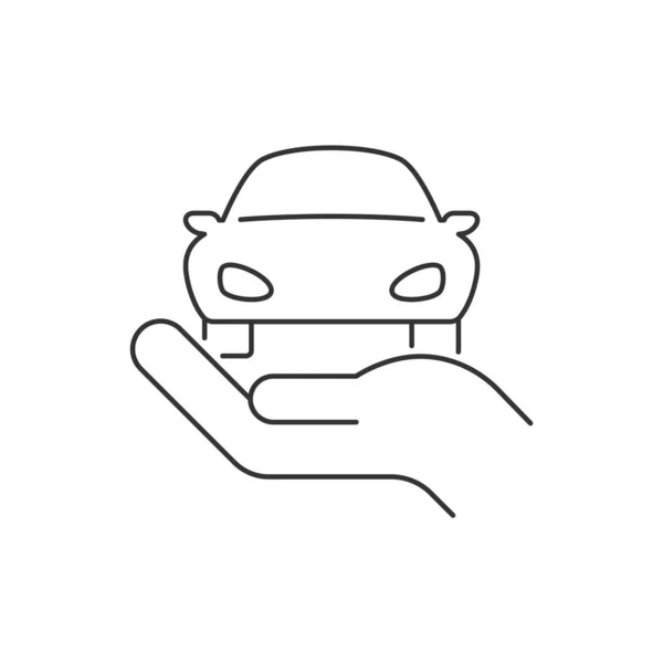 Mano sosteniendo coche icono lineal sobre fondo blanco — Vector de stock