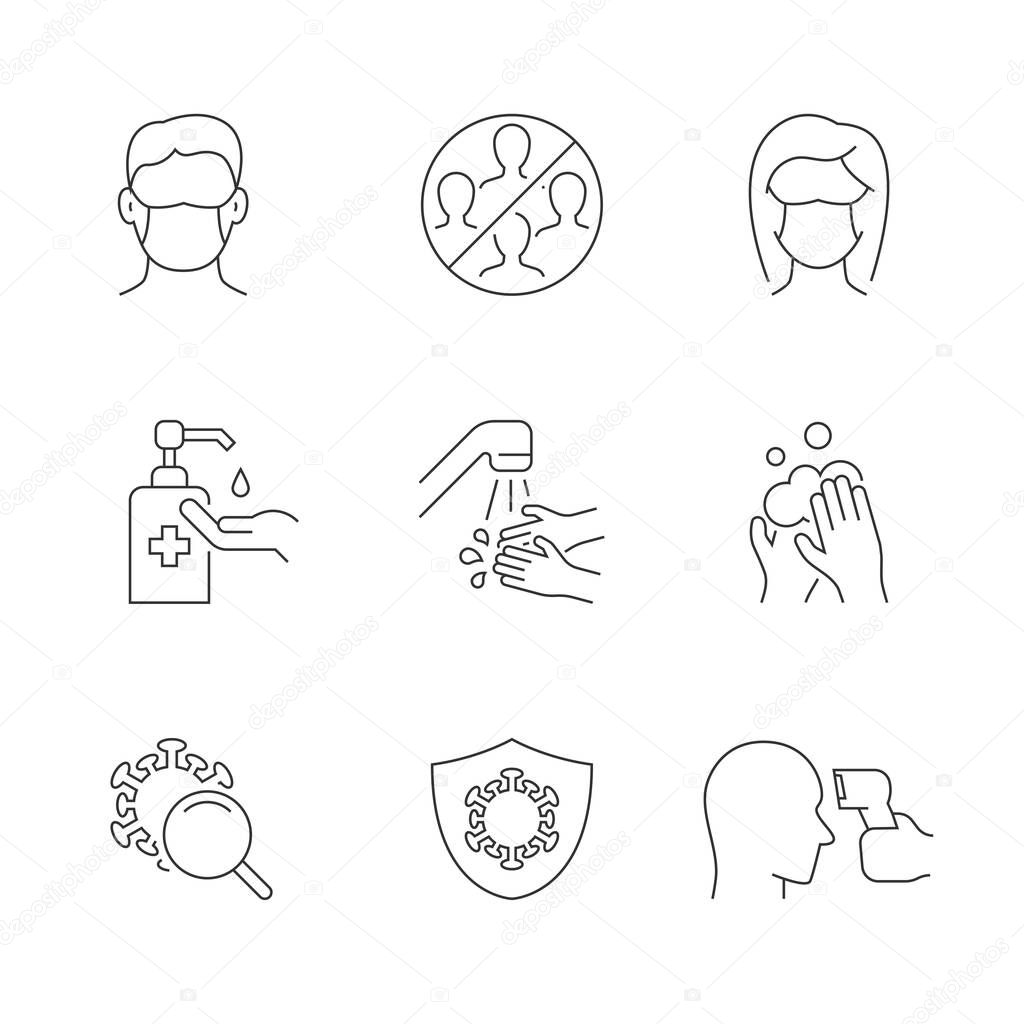 Coronavirus safety linear icons on white background