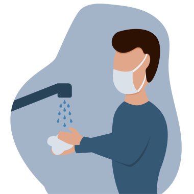 Koruyucu maskeli bir adam ellerini yıkıyor.