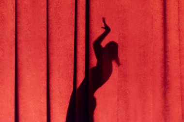 Perdede kadın silueti var. Renkli tuvallerde dans eden bir kızın gölgesi.