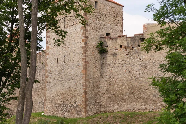 Vevi城はチェコ共和国に位置しています 要塞の壁や丘の上の塔 木々の景色 — ストック写真