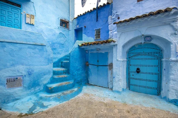 Hermosa Vista Ciudad Azul Medina Detalles Arquitectónicos Tradicionales Marroquíes Casas — Foto de Stock