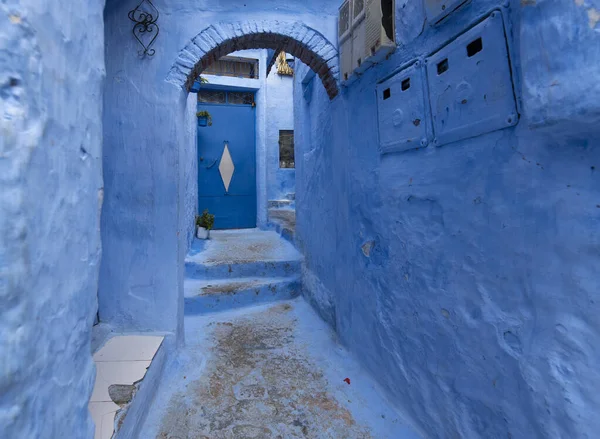 Hermosa Vista Ciudad Azul Medina Detalles Arquitectónicos Tradicionales Marroquíes Casas — Foto de Stock