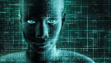 Fütürist ve bilim kurgu insan android portresi, pcb metalik deri ve ikili kod yeşil arka plan. Ai, It, technology, robotics, science, transhumanism 3d tasvir kavramları.