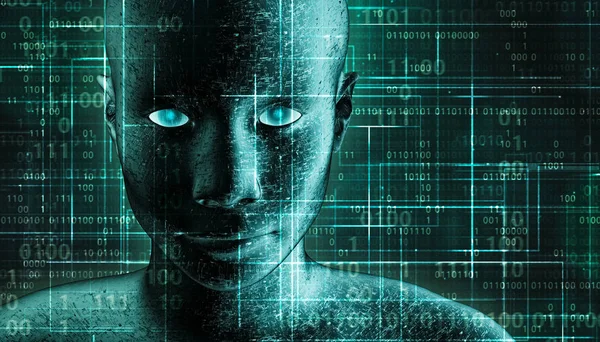 Fütürist ve bilim kurgu insan android portresi, pcb metalik deri ve ikili kod yeşil arka plan. Ai, It, technology, robotics, science, transhumanism 3d tasvir kavramları.