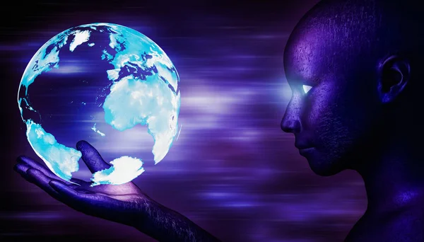 Alieno, androide, cyborg umanoide che guarda un pianeta olografico blu della Terra che galleggia sulla sua mano. Colori blu e ultravioletti. Fantascienza, futuristica, scienza e tecnologia 3d rendering illustrazione con — Foto Stock