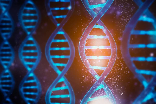 Gloeiende en stralende DNA strengen dubbele helix close-up. Medische, biologie, microbiologie, genetica 3d weergave illustratie concept. Artistieke visie. — Stockfoto