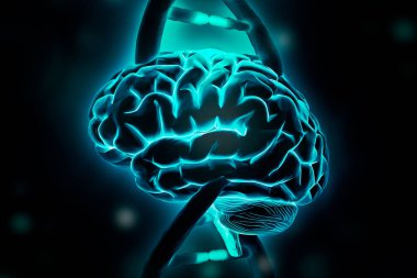 Beyin ve DNA çift sarmallı iplikçikler üç boyutlu resimleme. Zeka, genom, genetik, kavrayış, hafıza, psikoloji, nörobilim kavramları.