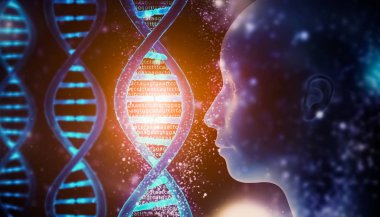 Parlayan ve parlayan DNA iplikleri, genom kodu ve insan kafa profili olan tıbbi, biyoloji, mikrobiyoloji, genetik 3D resimleme konseptiyle çift sarmallı. Sanatçı görüşü.