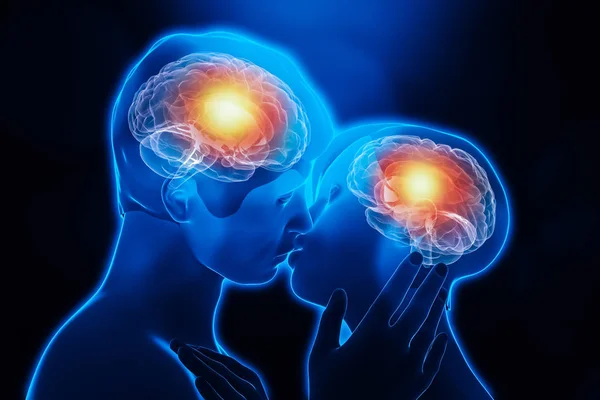 Couple homme / femme embrassant la chimie du corps. Activité cérébrale dans le système limbique. Amour, émotion, interaction, partenariat, neurosciences, psychologie, science illustration conceptuelle de rendu 3D . — Photo