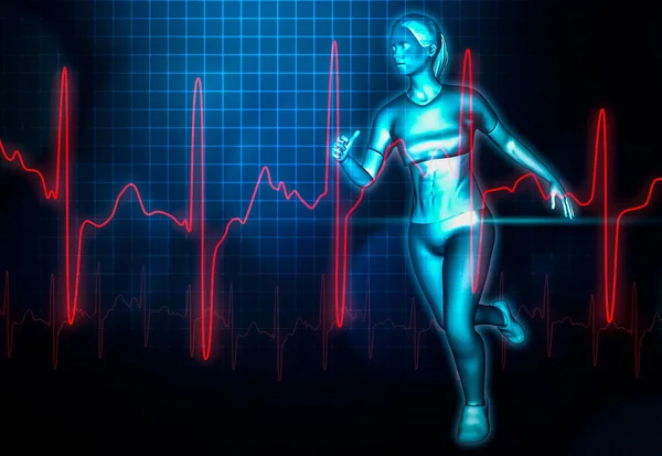 Femmina esecuzione e battito cardiaco elettrocardiogramma o curva di ekg 3d rendering illustrazione. Sport, sanità, medicina, salute, scienza, benessere, concetti di sforzo . — Foto Stock