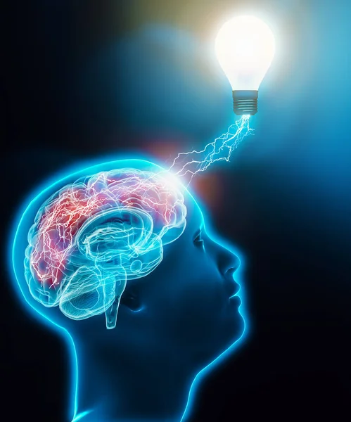 Tête de profil masculin humain levant les yeux avec le cerveau connecté à une ampoule avec des éclairs. Activité cérébrale, intelligence, imagination, idée, neuroscience, créativité, inventivité conceptuelle rendu 3D — Photo