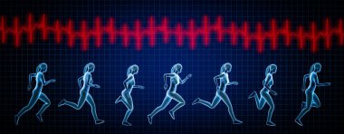 Sporcu kadın sekans hareketleri ve kalp atışı EKG eğrisi yapıyor. 3D tasvir. Spor, fitness, sağlık, insan biyomekaniği, tıbbi, kalp atış hızı kavramları.