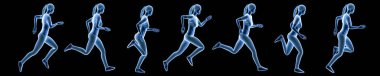 Sporcu kadın siyah arka planda izole bir şekilde hareket ediyor. Hologram 3D yorumlama afişi. Spor, spor, sağlık, insan biyomekaniği kavramları.