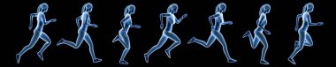 Sportswoman running sequence movements isolated on a black background. Hologram 3d render banner illustration. Sport, fitness, health, human biomechanics concepts. clipart