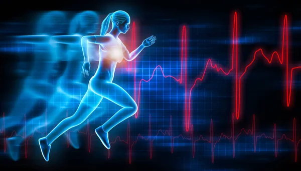 Sporcu kadın ya da sportif kadın fütüristik hologram etkisi ve ekokardiyogram kıvrımlarıyla hızlı koşuyor. Spor, koşu, sağlık, spor, egzersiz, tıbbi, bilim, üç boyutlu resimleme.