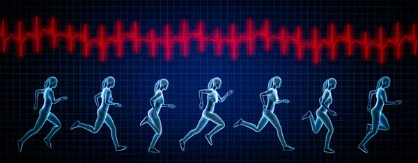 Sportswoman en cours d'exécution des mouvements de séquence et rythme cardiaque courbe ekg. Illustration de rendu 3D. Sport, fitness, santé, biomécanique humaine, médical, concepts de fréquence cardiaque . — Photo