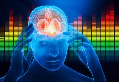 Arka planda ses eşitleyicisiyle şakaklarına dokunan elleri olan bir erkek portresi. Sesin etkisi, müzik ya da insan beynindeki gürültü. Beyin aktivitesi, müzik, baş ağrısı kavramsal 3D