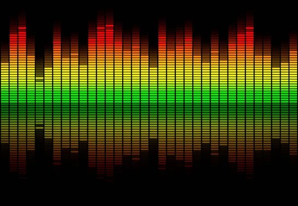 Colorful retro audio equalizer bars with sound spectrum colors from green to red isolated on black. Music or decibels wave illustration. — Stock Photo, Image