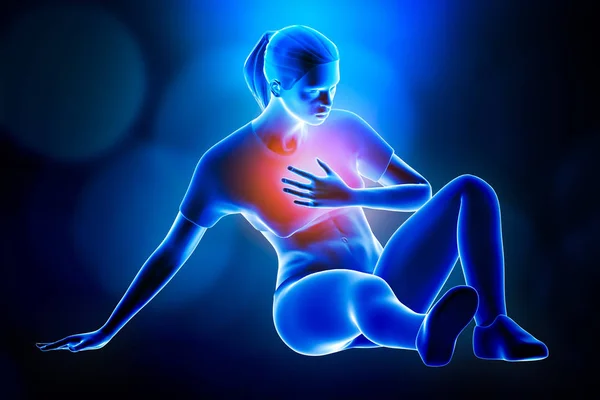 Spor takım elbiseli genç bir kadın nefes nefese yerde yatıyor ya da astım krizi geçiriyor ya da çabadan sonra solunum yetmezliği çekiyor. Spor, tıbbi ve sağlık hizmetleri kavramsal 3D sunumu