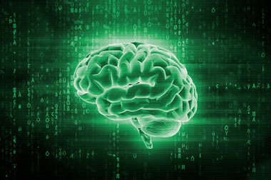 Human brain and computer or it code. Artificial intelligence or AI 3d rendering illustration. clipart