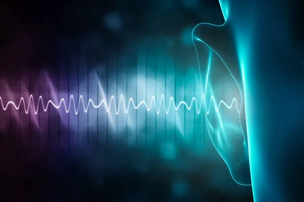 Soundwave and equalizer bars with human ear. 3d rendering illustration with copy space. Sense of hearing, sound and music graphic concepts. — 스톡 사진