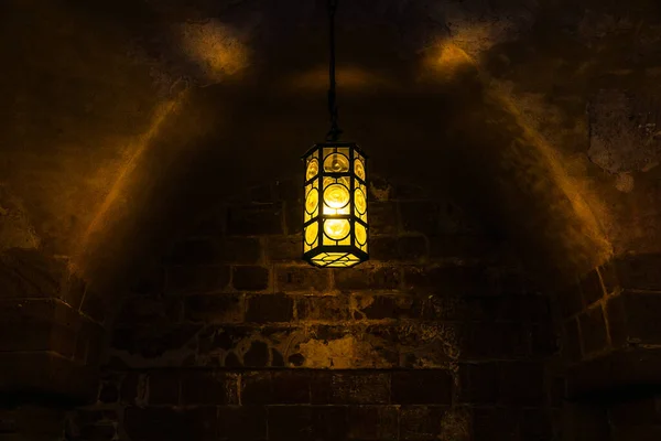 Lantern Hanging Shining Medieval Stone Vault — Stock Photo, Image