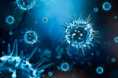 Mikroskobik jenerik virüs hücresi 3D çizimi mavi arka planda. Mikrobiyoloji, bulaşıcılık, enfeksiyon, salgın, koronavirüs, tıp, patoloji veya hastalık kavramları.