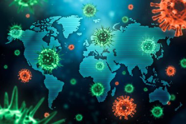Viral epidemic or pandemic spreading around the world concept with microscopic virus cells and the world map. Healthcare, medical, global contagion and communicable disease 3d rendering illustration. clipart