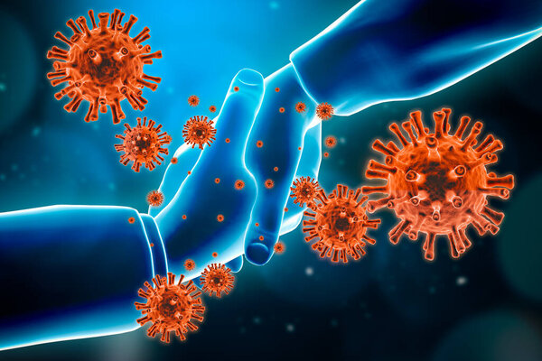 Shaking hands spreads virus concept. Epidemic, pandemic, hygiene, viral and contagious and infectious communicable disease conceptual 3d rendering illustration.